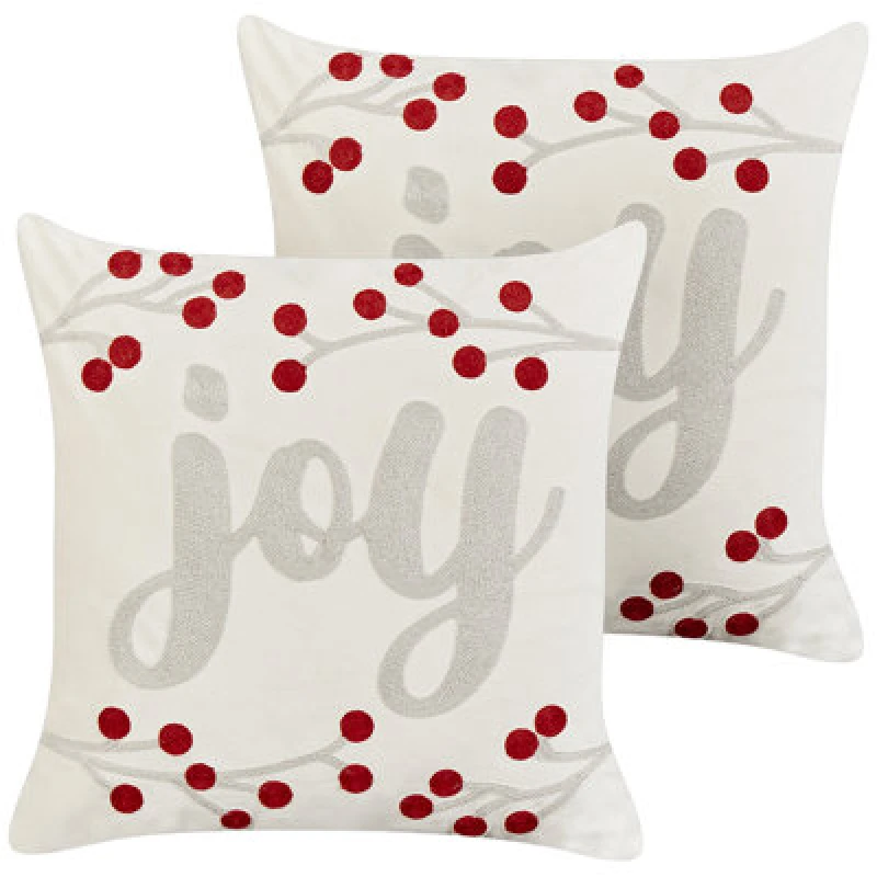 Image of Beliani Set Of 2 Decorative Cushions Praline Velvet 45 X 45cm White Christmas Motif