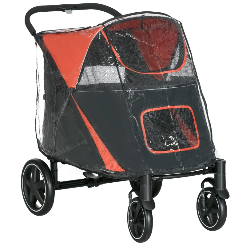 Image of PawHut One-Click Foldable Pet Travel Stroller with Rain Cover, Cat Dog Pushchair with Front Wheels, Shock Absorber, Storage Bags, Mesh