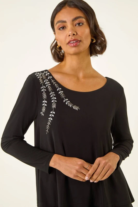 Image of Roman Womens Embellished Double Layer Tunic Top in Black Size: 10 Black Female 10
