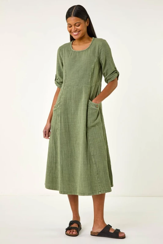 Image of Roman Womens Textured A-Line Midi Dress in Khaki Size: 16 Khaki Female 16