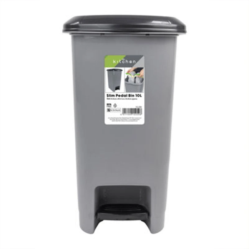 Image of Jvl Slim Plastic Lidded Foot Pedal Waste Bin, 10L, Grey