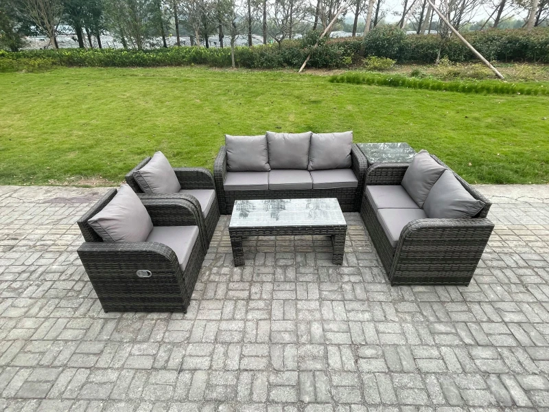 Image of Fimous 7 Seater Outdoor Rattan Garden Furniture Set Patio Lounge Sofa Set with Rectangular Coffee Table Side Table Dark Grey Mixed Dark Grey