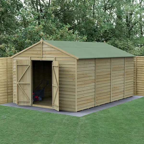 Image of 15' x 10' Forest 4Life 25yr Guarantee Overlap Pressure Treated Windowless Double Door Apex Wooden Shed (4.48m x 3.21m)