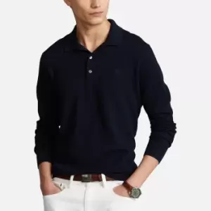 Image of Polo Ralph Lauren Mens Custom Slim Fit Textured Long Sleeve Polo Shirt - Aviator Navy - XL