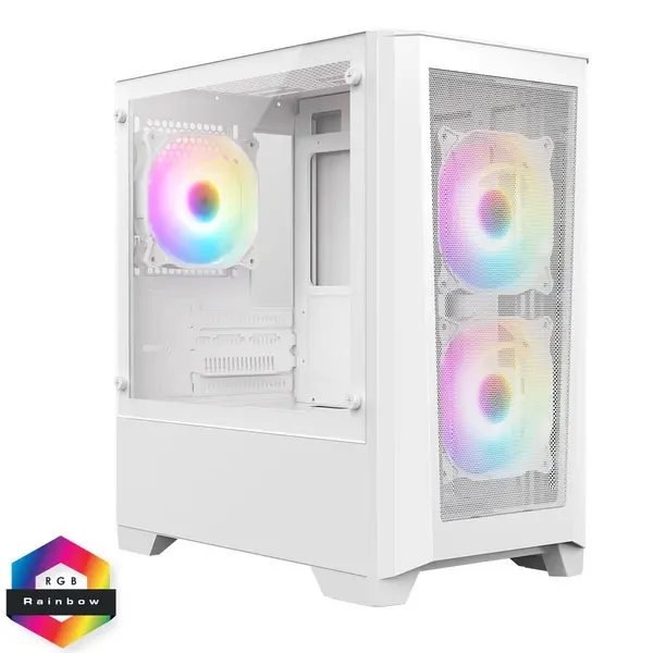 Image of CiT Level 2 White Micro-ATX Mesh PC Gaming Case with 3 x 120mm RGB Rainbow Fans Included With Tempered Glass Side Panel
