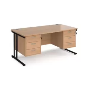 Image of Office Desk Rectangular Desk 1600mm With Double Pedestal Beech Top With Black Frame 800mm Depth Maestro 25 MC16P33KB