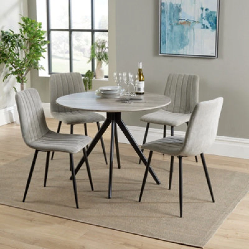 Image of Core Products Aspen Grey Oak Effect 100Cm Round Dining Table With 4 Light Grey Cord Fabric Straight Stitch Design Chairs