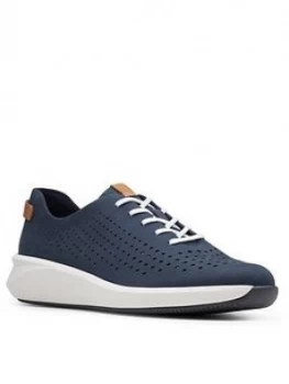 Image of Clarks Un Rio Tie Leather Trainer - Navy Nubuck, Size 3, Women