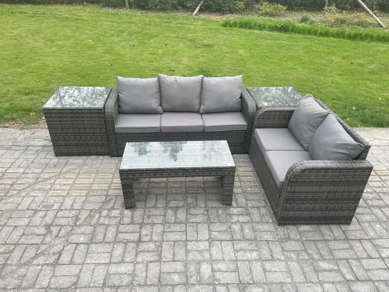 Image of Fimous Rattan Wicker Garden Furniture Patio Conservatory Sofa Set with Rectangular Coffee Table Reclining Chair 2 Side Tables Dark Grey