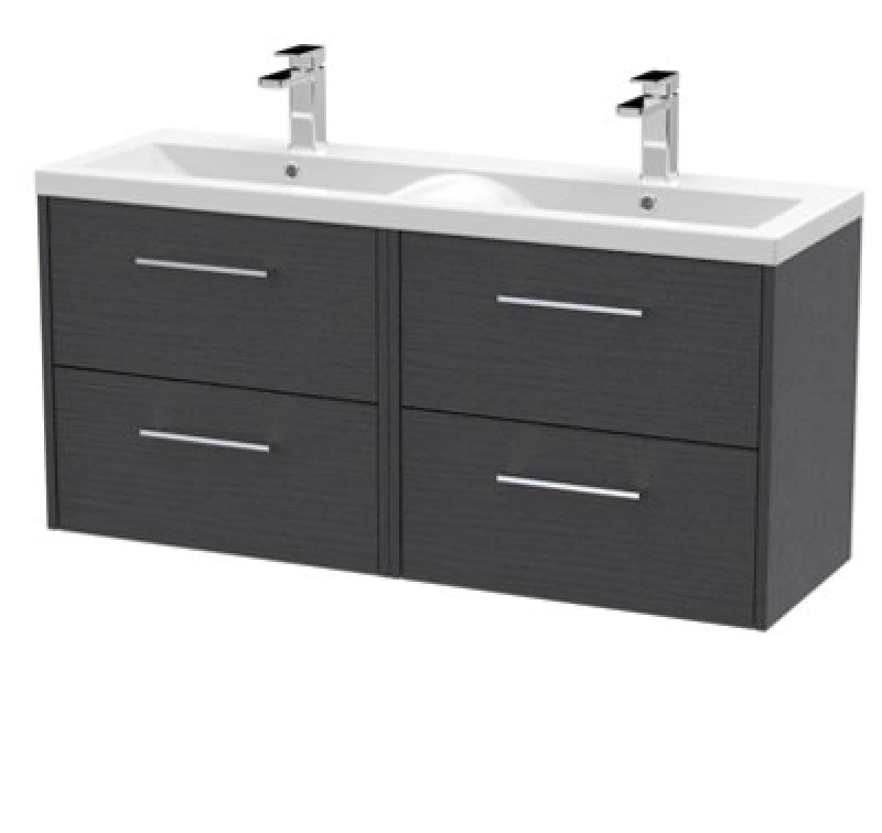 Image of Hudson Reed Fluted Wall Hung 4-Drawer Vanity And Double Vitreous China Basin, Contemporary Sink Vanity Unit, Graphite Grey