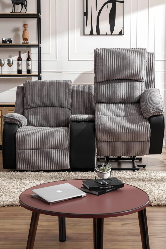 Image of More4Homes Postana Dual Motor Rise Recliner 2 Seater Jumbo Cord Drinks Console Mobility Sofa (Grey)