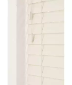 Image of Misty White 50mm Fine Grain Slatted Faux Wood Venetian Blinds with Strings 130cm Drop