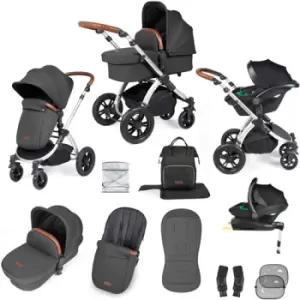 Image of Ickle Bubba Stomp Luxe All-in-One Premium i-Size Travel System with ISOFIX Base, Silver / Charcoal Grey / Tan