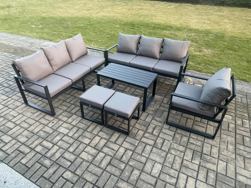 Image of Fimous Aluminium 9 Seater Garden Furniture Outdoor Patio Sofa Set with Rectangular Coffee Table Armchair 2 Small Footstool in Dark Grey Dark Grey Unis