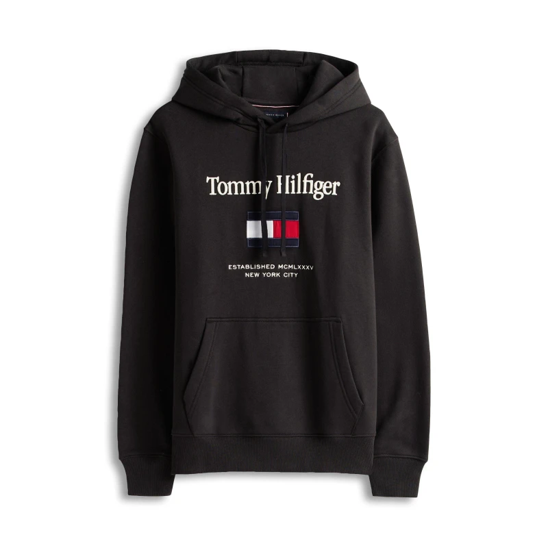 Image of Tommy Hilfiger Mens Embro Flag Pull Over Hoodie Black male L