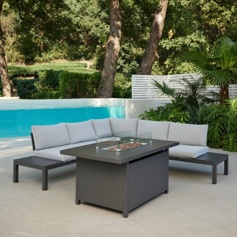 Image of Home Detail Bahia Dark Grey L-Shape Garden Set with Fire Pit Table Dark Grey