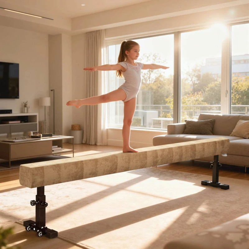 Image of HOMCOM Adjustable Balance Beam Gymnastics Beam with Wheels for 6+ Years in Beige Beige Unisex