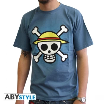 Image of One Piece - Skull With Map Mens Medium T-Shirt - Blue