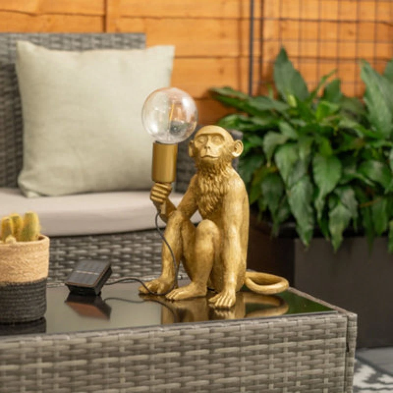 Image of ValueLights Solar Powered Gold Monkey Garden Ornament Table Lamp Gold