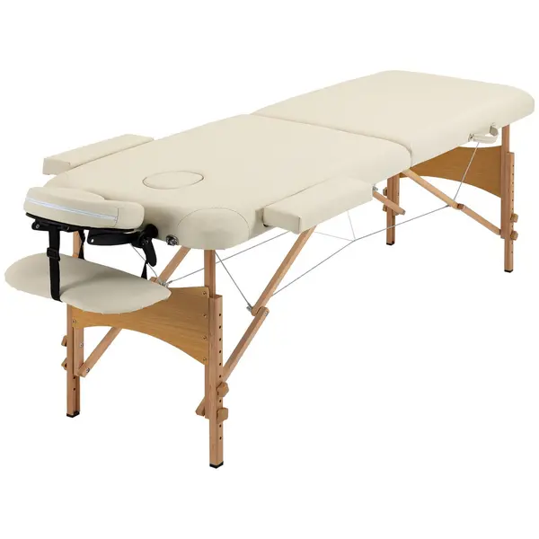 Image of HOMCOM Wooden Folding Spa Beauty Massage Table with 2 Sections and Carry Bag - Cream