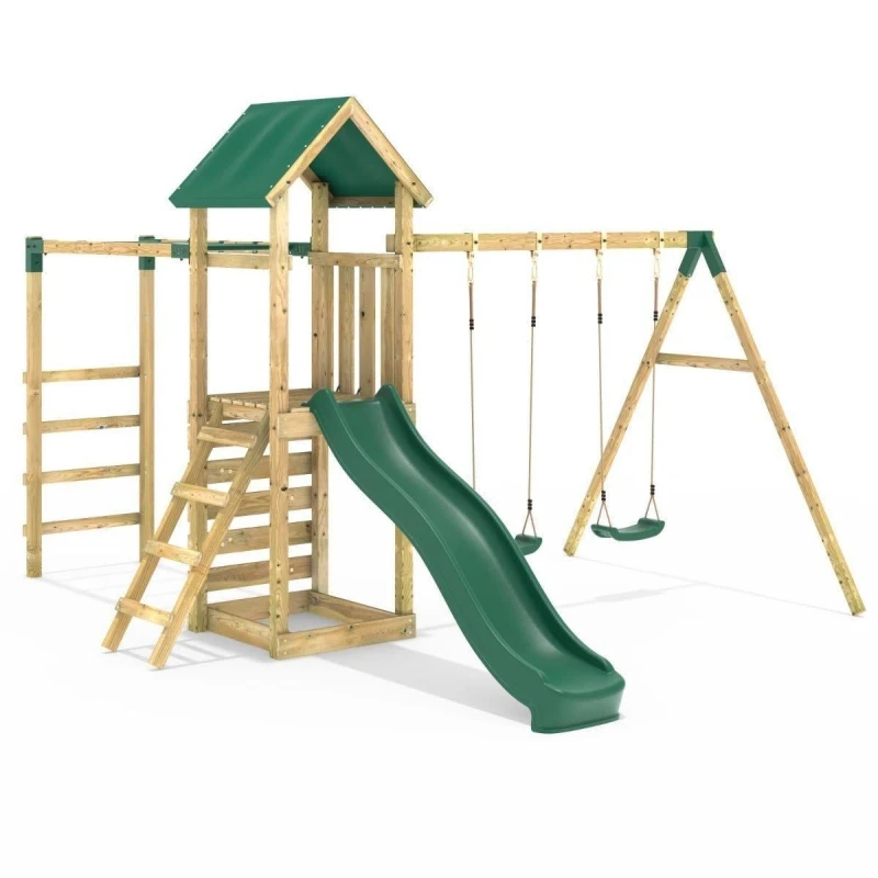 Image of Rebo Wooden Climbing Frame with Double Swing, Monkey Bars and Slide - El Capitan Green Green