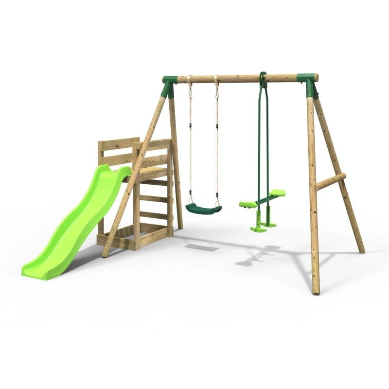 Image of Rebo Wooden Double Swing Set with Glider and Slide - Star Green Green