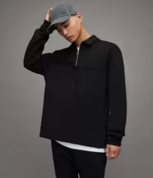 Image of AllSaints Mens Jaxon Half Zip Polo Sweatshirt, Washed Black, Size: M