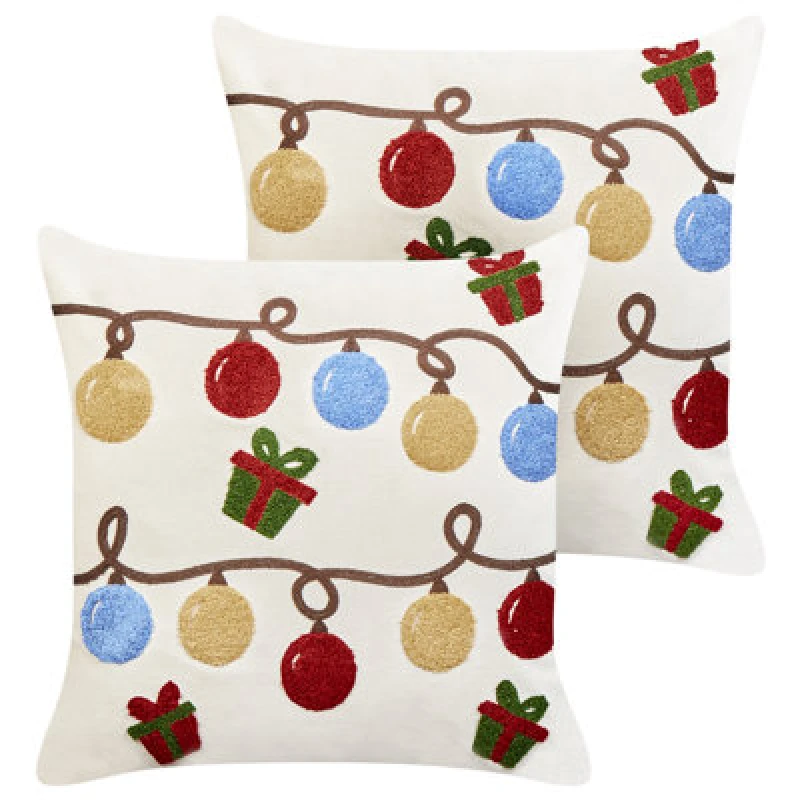 Image of Beliani Set Of 2 Decorative Cushions Palmier Velvet 45 X 45cm Off-White Christmas Motif