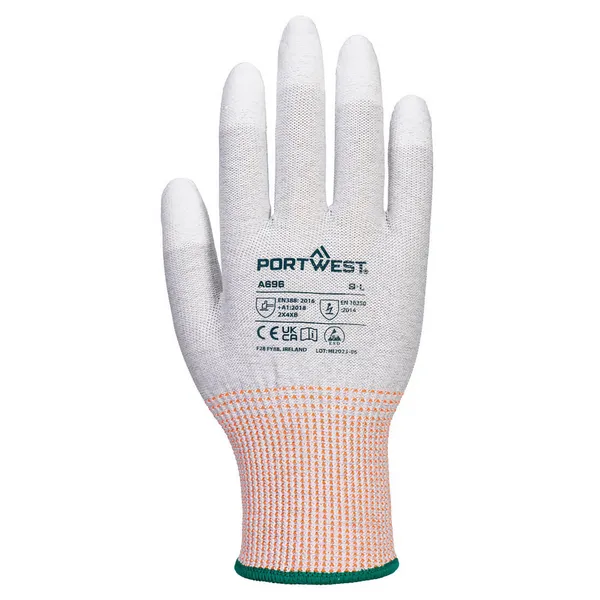 Image of Portwest LR13 PU Fingertip Cut Resistant ESD Gloves A696G6RL Colour: Grey / White