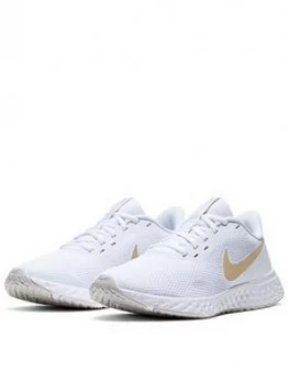 Image of Nike Revolution 5 Trainer - White/Gold, Size 7, Women