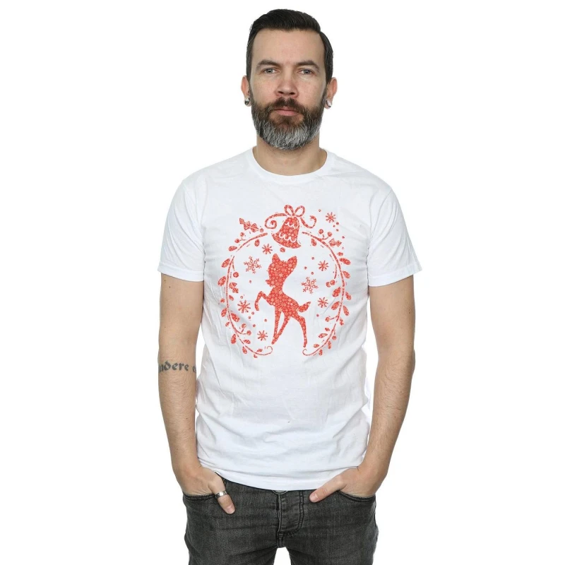 Image of Disney Men Bambi Christmas Wreath T-Shirt in White Size: Small White S Male 5057245990554