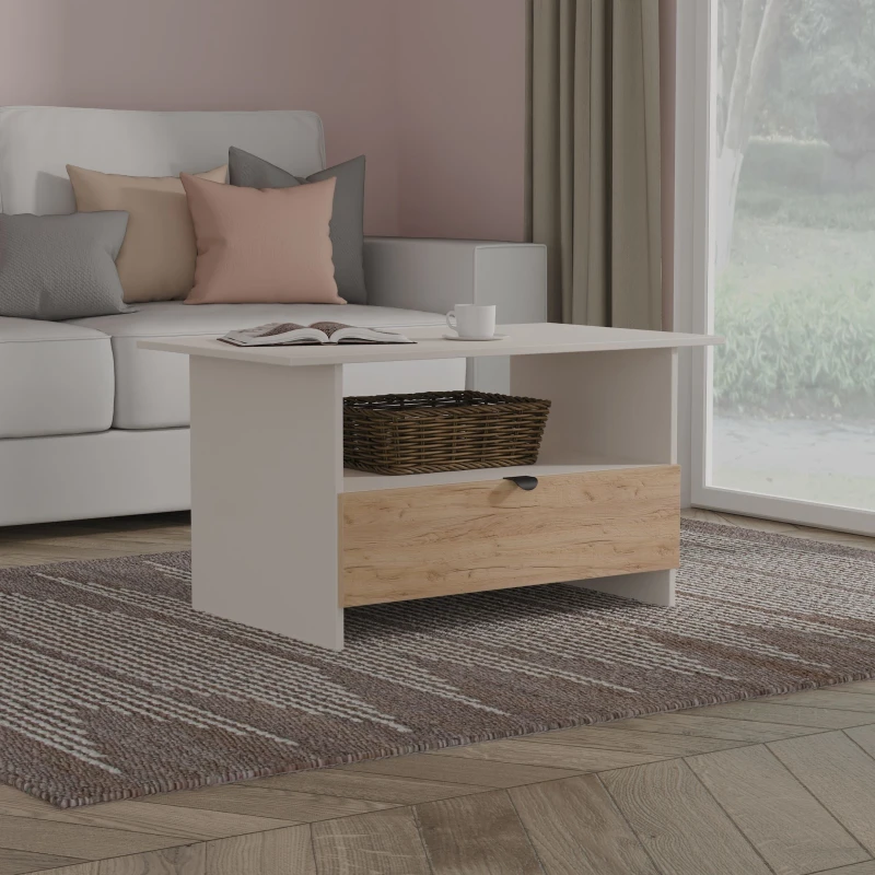 Image of Welcome Furniture Ltd Bora Bottom Drawer Coffee Table in Gold Craft Oak & Kashmir - Ready Assembled, Cream BOP225GCKM