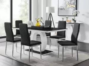 Image of Giovani Rectangular 6 Seat White High Gloss Unique Halo Dining Table Black Glass Top 6 Faux Leather Silver Leg Milan Chairs