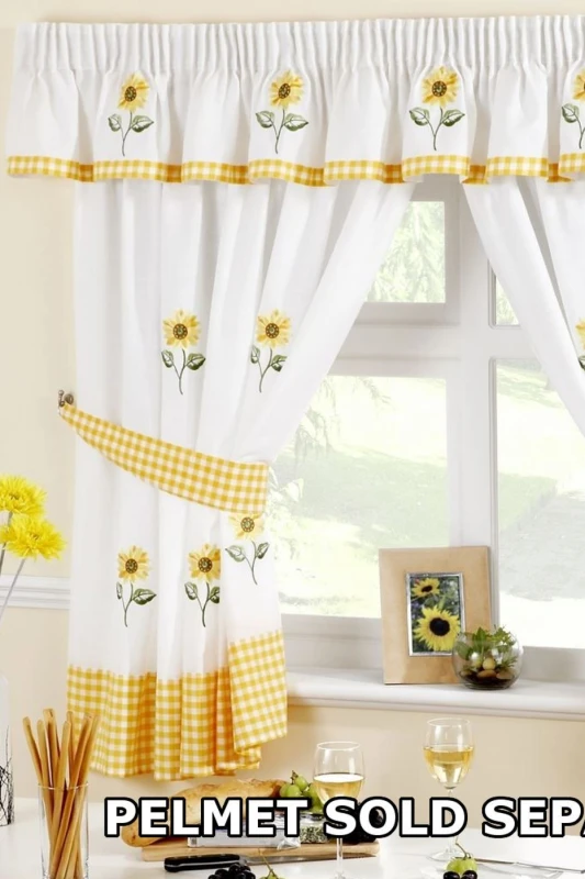 Image of Alan Symonds Sunflower Taped Embroidered Floral Curtains With Tie Backs White