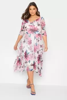 Image of YOURS LONDON Curve White Floral Cowl Neck Mesh Dress
