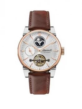 Image of Ingersoll Ingersoll The Swing White And Rose Gold Detail Moonphase Automatic Dial Brown Leather Strap Watch