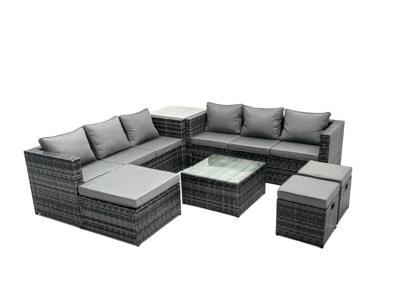 Image of Fimous 9 Seater Patio Lounge Sofa Set with Side Table 3 Footstools in Dark Grey Dark Grey Unisex