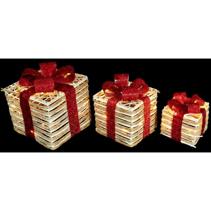 Image of Shatchi Christmas Light Up Parcels Pre-Lit Battery Operated LED Glitter Xmas Presents Set of 3 Beige