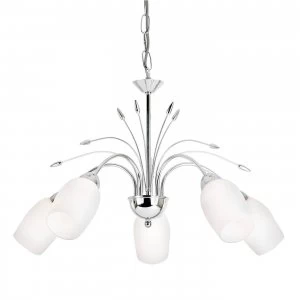 Image of 5 Light Multi Arm Ceiling Pendant Chrome, White Glass, E14