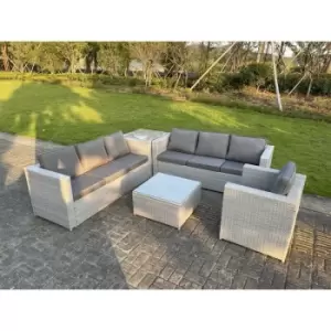 Image of Fimous 7 Seater Light Grey Rattan Outdoor Lounge Complete Sofa Set with Chair, Sofa Side Table, Square Coffee Table