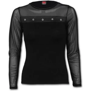 Image of Gothic Rock Mesh Sleeve High Stud-Band Womens X-Large Long Sleeve Top - Black