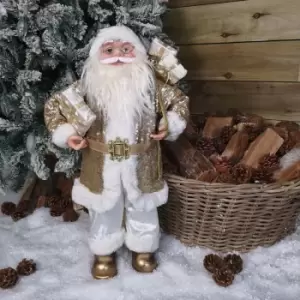 Image of Samuel Alexander - 60cm Standing Santa Christmas Decoration in White and Gold Suit with Gifts