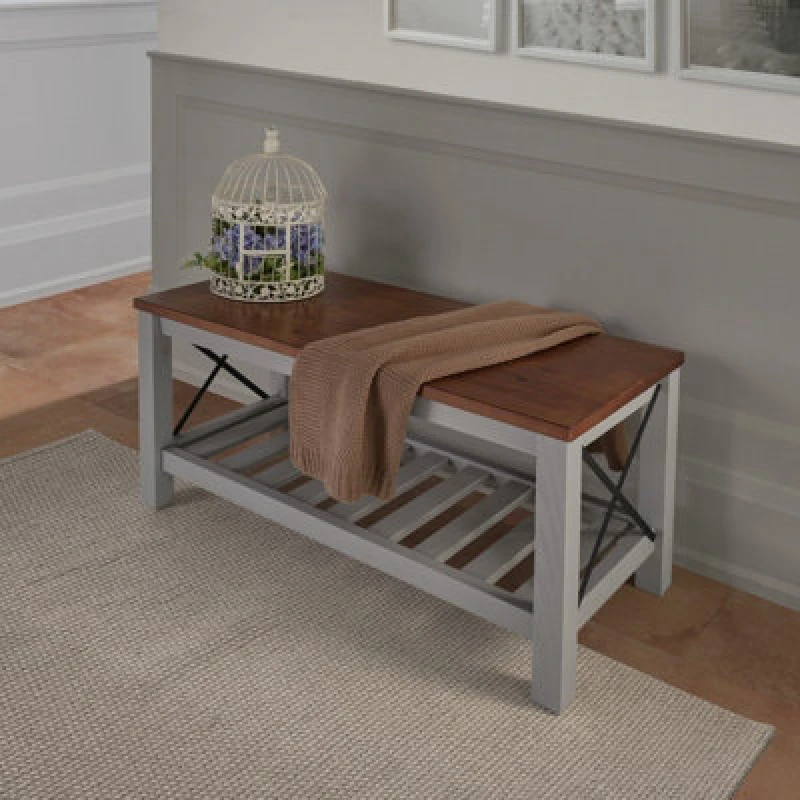 Image of Mercers Furniture Cottage Grey Painted Pine Bench Wooden With Slatted Storage Shelf 59H X 107W X 42D Cm