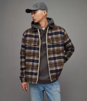 Image of AllSaints Mens Willingboro Checked Shirt Jacket, Brown/blue, Size: M
