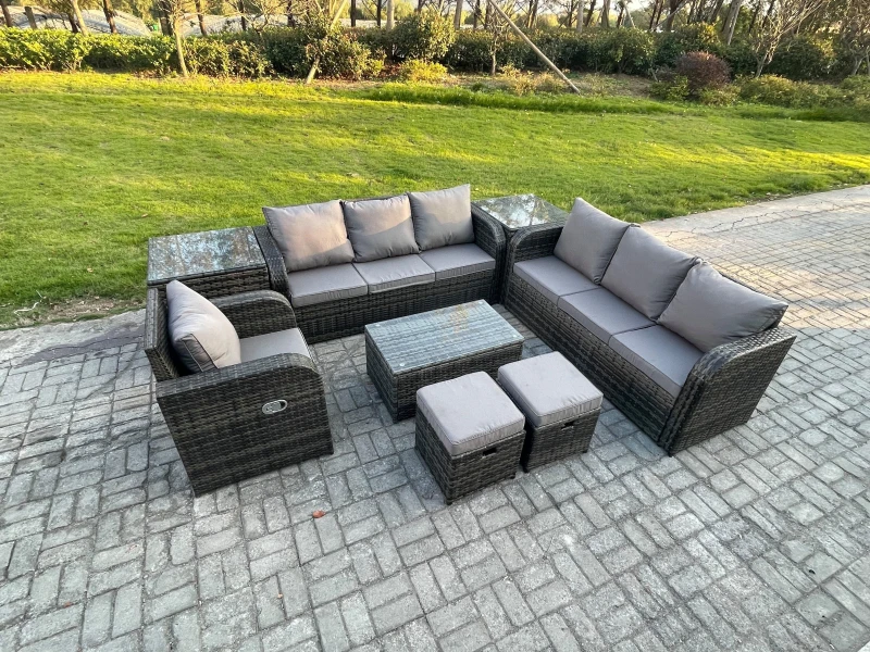 Image of Fimous 9 Seater Rattan Lounge Sofa Set Outdoor Garden Furniture Set with Rectangular Coffee Table 3 Seater Sofa 2 Small Footstools 2 Side Tables Dark