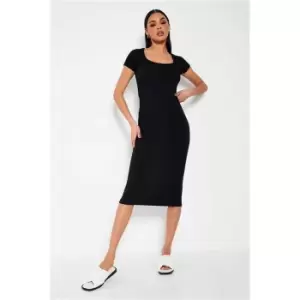 Image of I Saw It First Black Ribbed Short Sleeve Square Neck Bodycon Midi Dress - Black