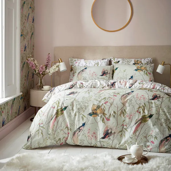 Image of Graham & Brown Clavering Birds Duvet Set, Double, Sage Green