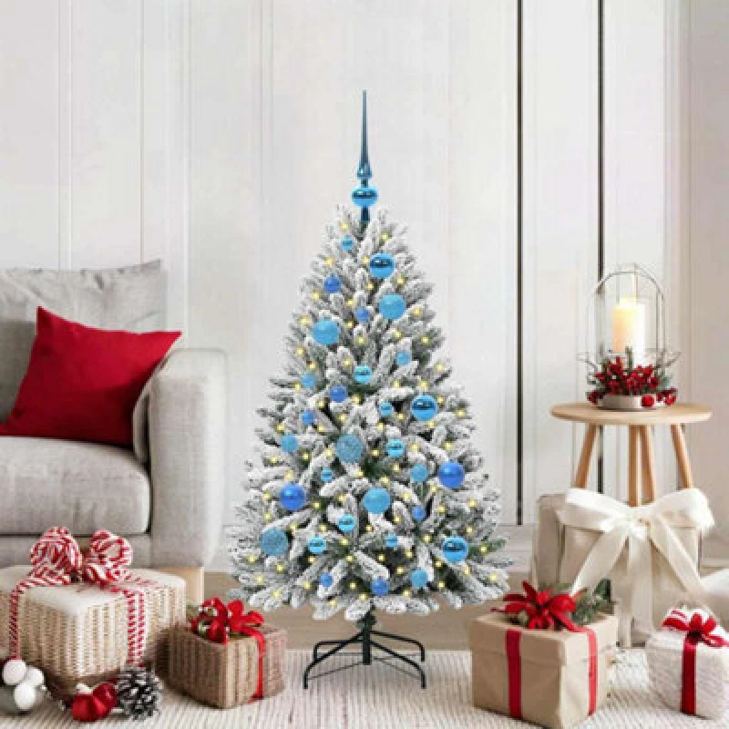 Image of vidaXL Artificial Christmas Tree with Blue Balls Green and White 120cm PVC and Metal, Green 3395737