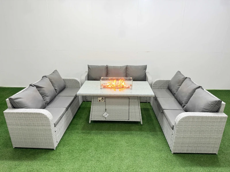 Image of Fimous PE Rattan Lounge Sofa Set 9 Seater Outdoor Garden Furniture Set with Firepit Dining Table 3 Seater Sofa Light Grey Light Grey