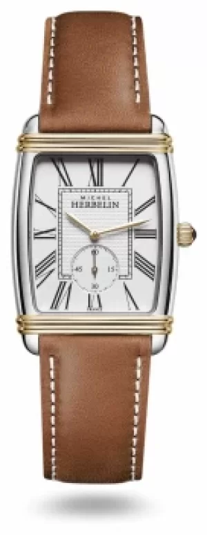 Image of Michel Herbelin Womens Art Deco Brown Leather Strap Watch